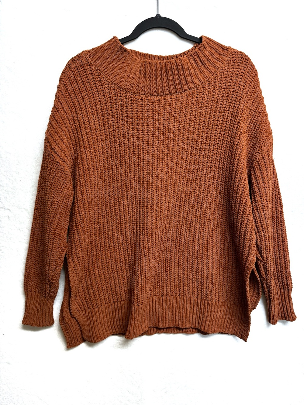 Aerie Sweater Small Oversized High Slit Burnt Orange Cable Knit Mock Neck